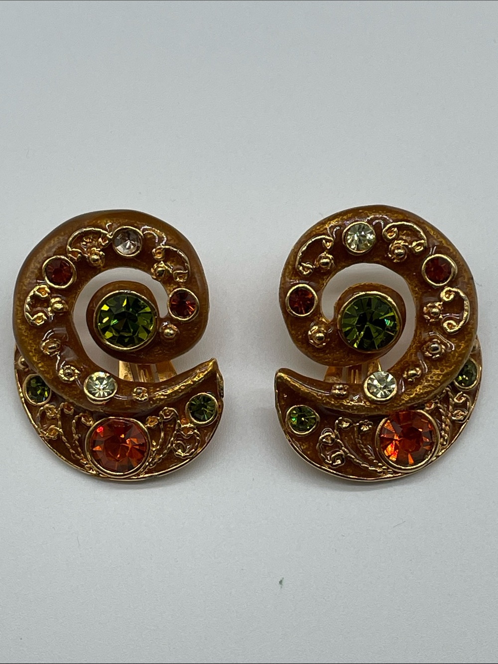 Blanca Line Gold-Tone Spiral Earrings with Green and Amber Stones